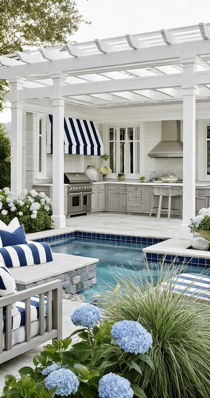 A coastal Hampton's style entertainment area featuring a white-painted wooden pergola with a navy and white striped awning, shell stone countertops, weathered gray cabinetry, and salt-resistant stainless appliances, with a rectangular pool bordered by navy tiles and white coping, framed by hydrangea gardens and ornamental grasses, and teak furniture with navy and white striped cushions, captured from the pool house.