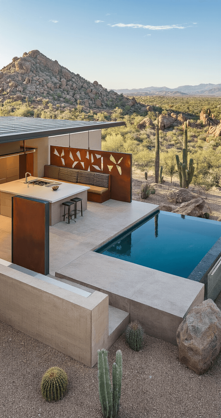 A modern desert oasis featuring a low-profile kitchen with a floating metal roof, polished concrete surfaces, and a zero-edge pool, surrounded by Corten steel privacy screens and sculptural cacti, captured from an elevated angle with warm grays, rusty oranges, and deep blue water.