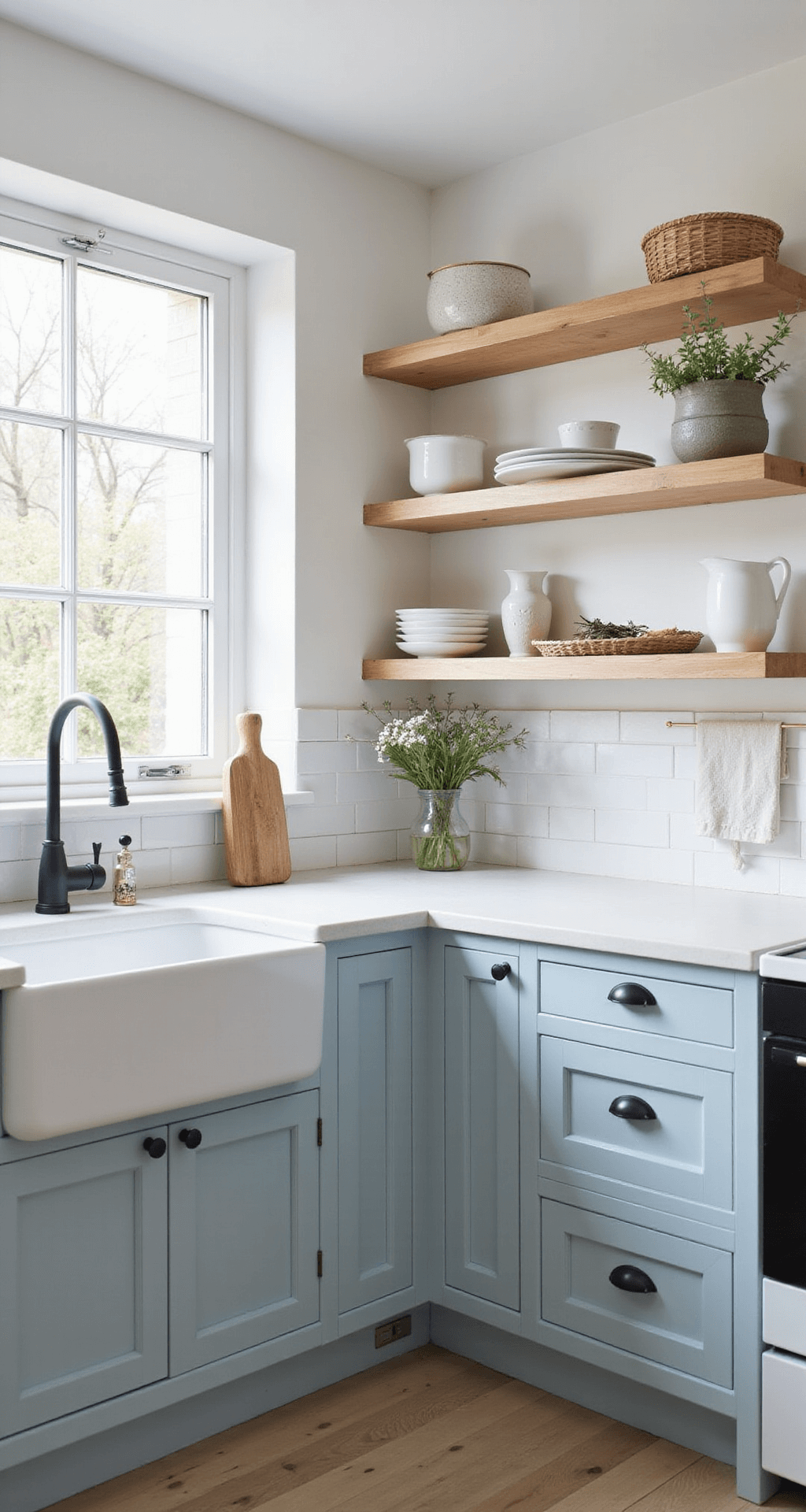 A serene Scandinavian-inspired kitchen featuring pale arctic blue cabinets, blonde wood open shelving, a farmhouse sink with a large garden view window, white oak flooring, and matte black hardware, styled with handmade ceramics, linen textiles, and preserved botanicals.
