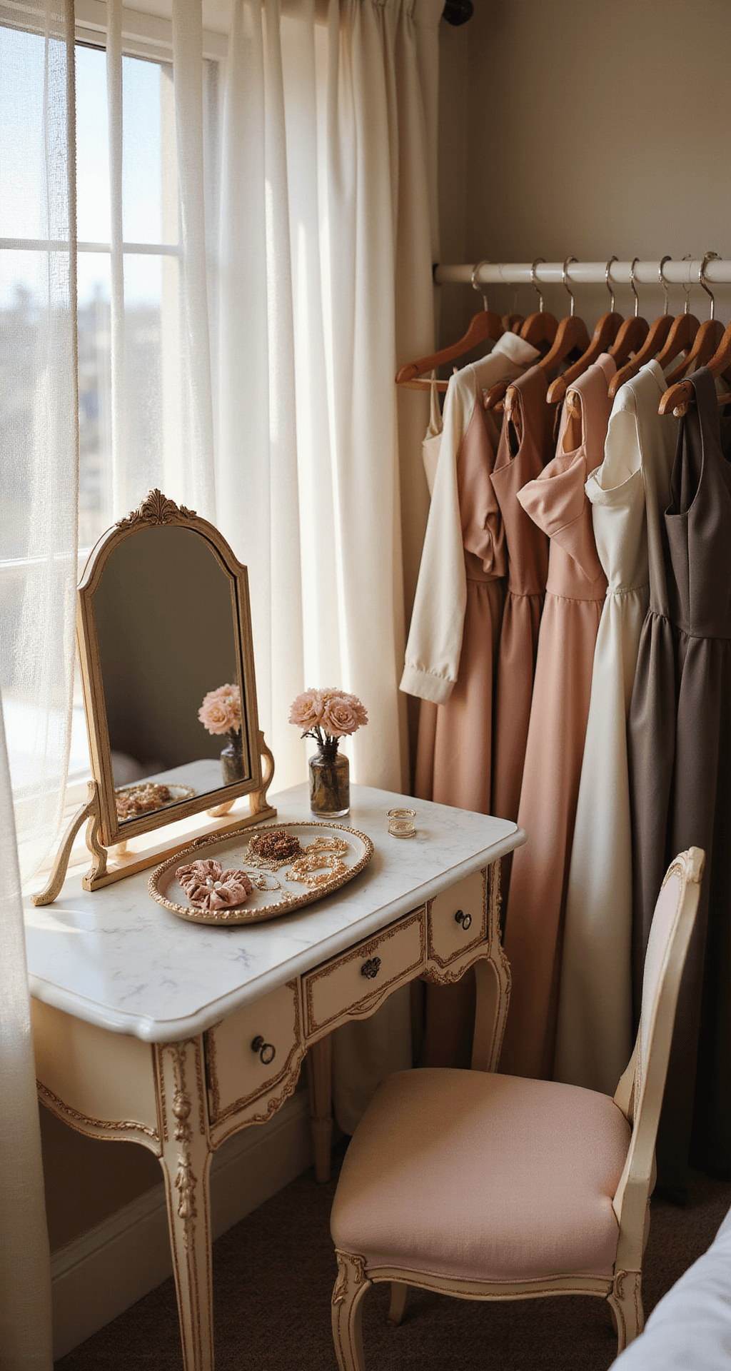 A cozy bedroom corner bathed in late afternoon light features a vintage vanity adorned with birthday styling elements like a pearl-embellished headband and layered gold jewelry. A soft focus rack displays pastel maxi dresses and sophisticated jumpsuits, while plush carpeting and gauzy curtains enhance the dreamlike atmosphere from a slightly elevated angle.
