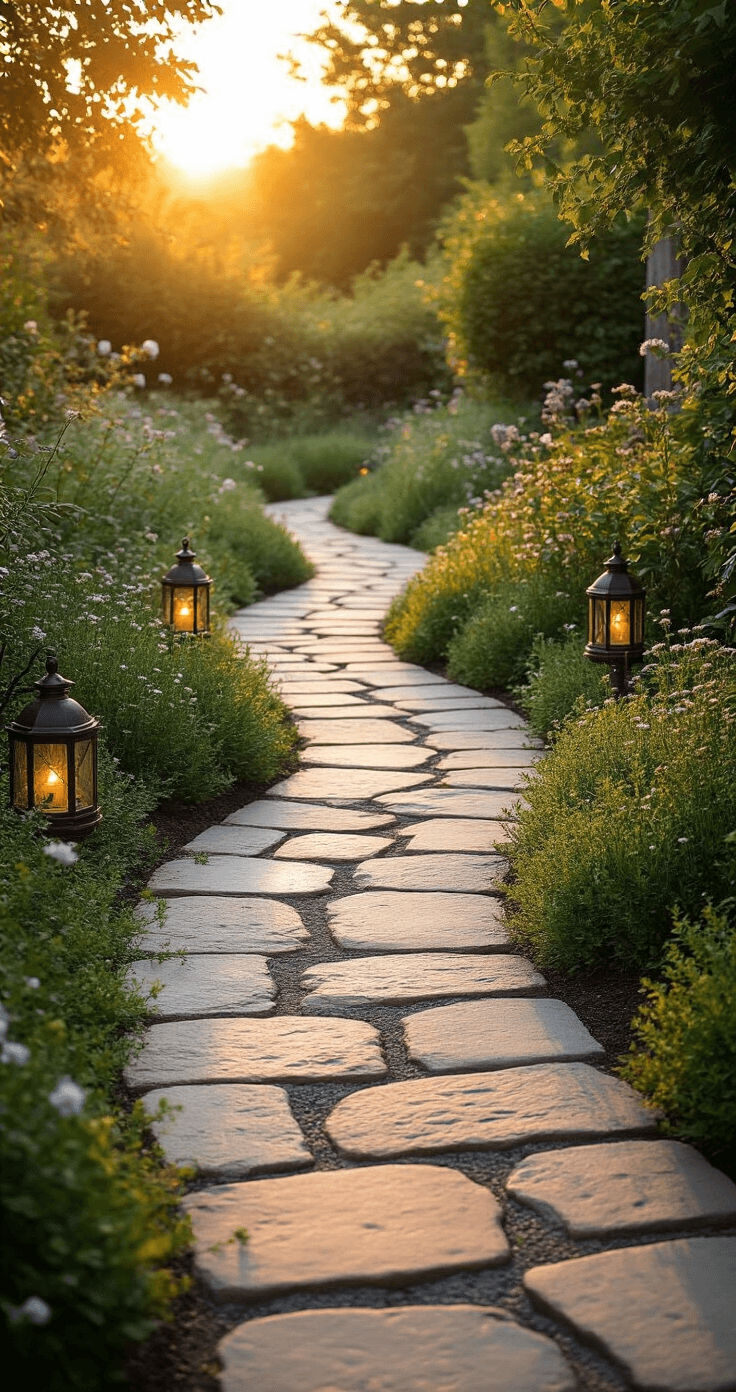 A winding flagstone garden path meanders through a lush cottage garden, lined with weathered bronze lanterns, at golden hour lighting, with creeping thyme filling the gaps between natural stones.