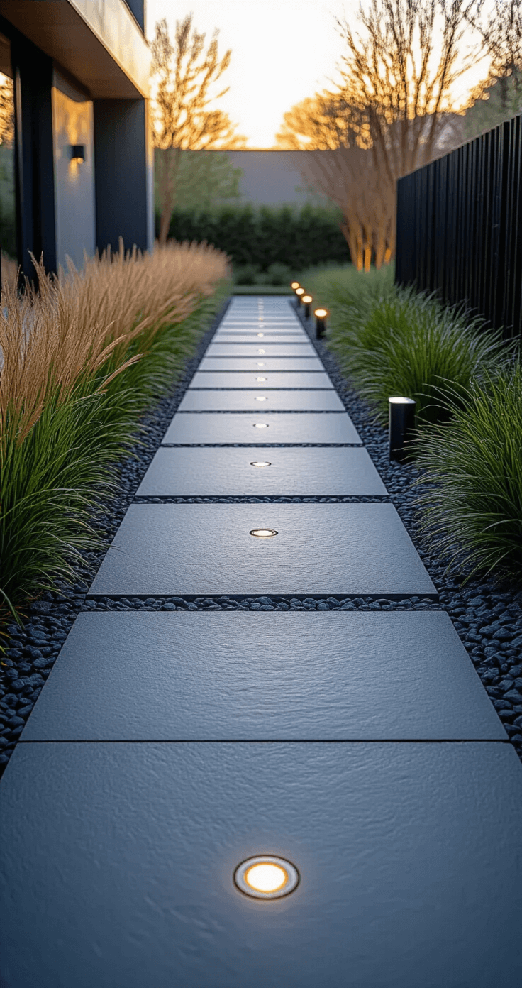 Eye-level view of a modern slate path in morning light, flanked by architectural grasses and black bamboo, with brushed stainless steel LED lights, showcasing a sophisticated and minimalist design.