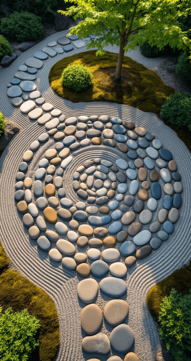 Overhead view of a circular meditation path made of smooth, multi-colored river stones, forming a perfect spiral. The path is surrounded by a zen garden featuring raked gravel, moss patches, and a single maple tree, captured in peaceful midday light.