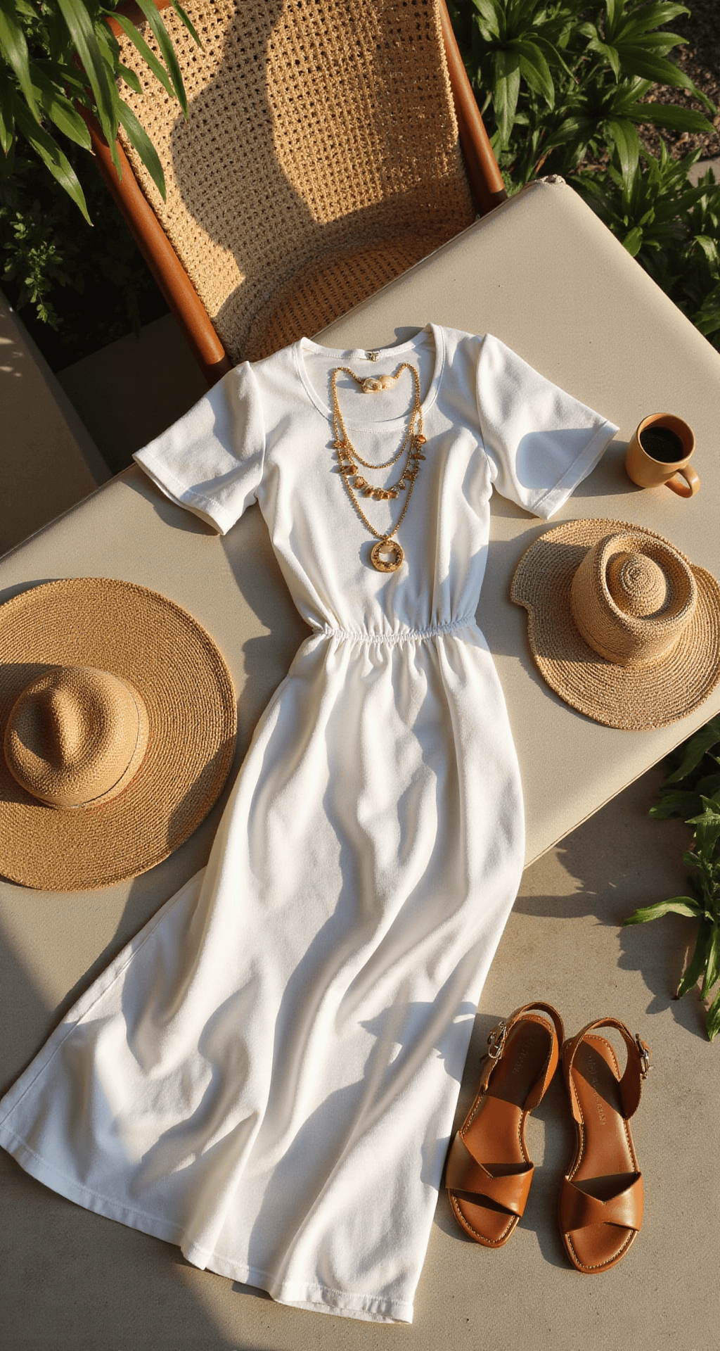 Aerial view of a sun-drenched beachfront villa balcony in Bali featuring a styled outfit flat lay with a white linen maxi dress, shell-adorned straw hat, delicate gold necklaces, and leather sandals, framed by natural rattan furniture and tropical plants, with a steaming cup of coffee nearby, all bathed in early morning golden light.