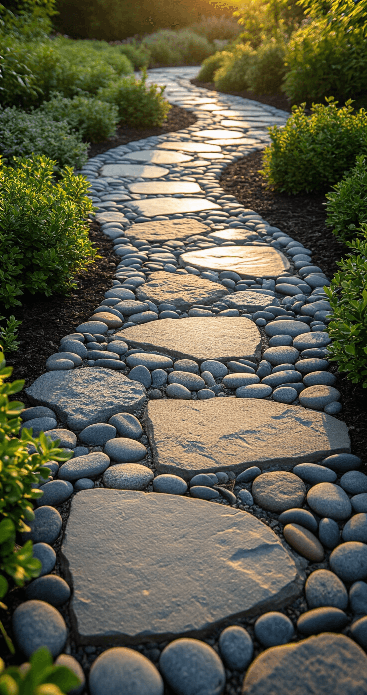Ground-level view of a mixed-material path featuring slate, flagstone, and river rock, arranged in a gradient pattern. The late afternoon light enhances the texture of the stones, with dense groundcover framing the edges, creating an artisanal and organic atmosphere.