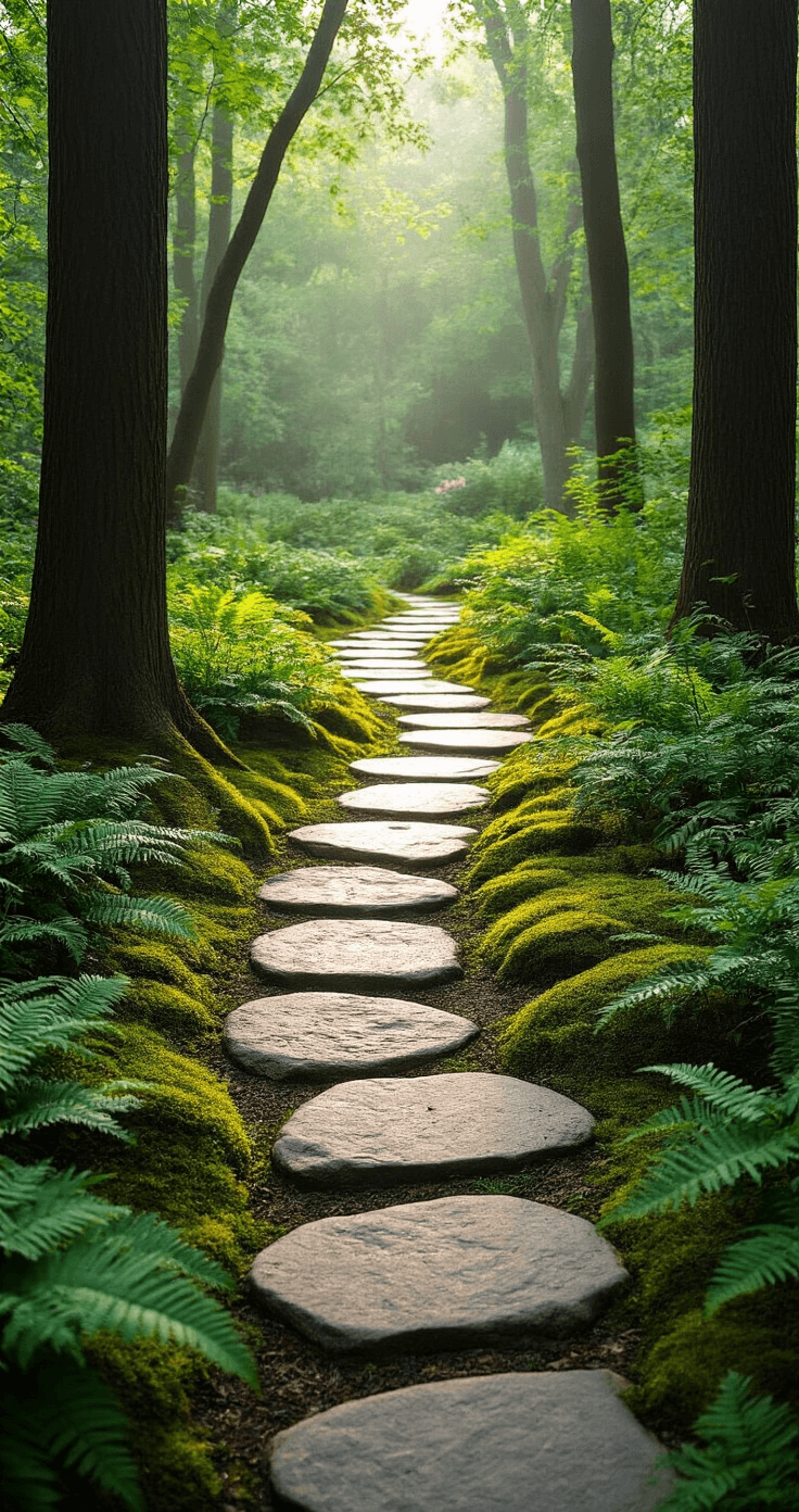 Eye-level view of a winding stepping stone path through a woodland garden, featuring large irregular flagstones surrounded by lush moss and ferns, with dappled morning light filtering through the canopy of mature trees, creating a mystical and serene atmosphere.
