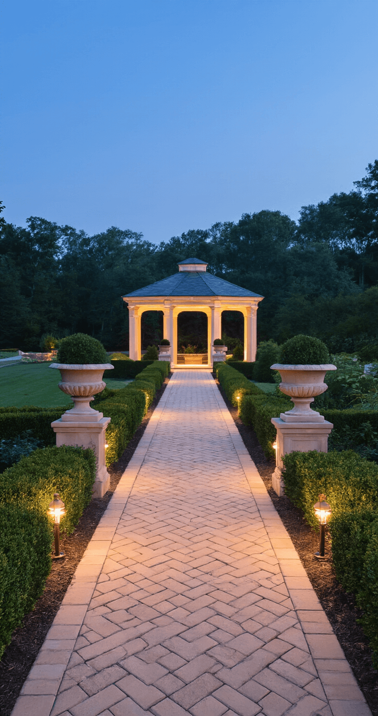Low-angle view of a 6-foot wide herringbone-patterned paver path in warm limestone, flanked by classical stone urns and trimmed boxwoods, leading to an illuminated garden pavilion at twilight. The scene captures an elegant and refined mood with mixed lighting from landscape fixtures and fading daylight.