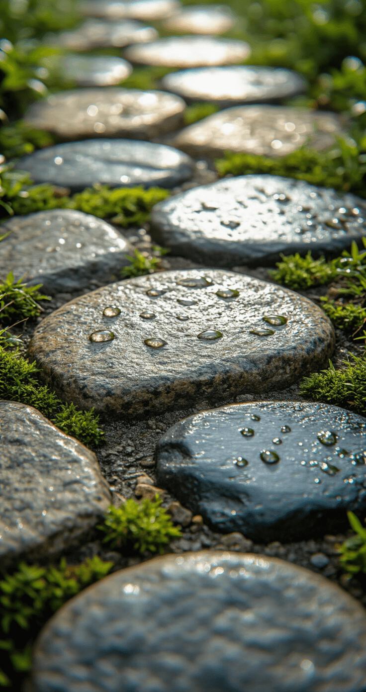 Close-up view of a mixed stone path featuring rough-cut granite, polished river rock, and textured slate, adorned with morning dew droplets reflecting light. Moss and tiny plants peek through the gaps between the stones, captured in soft diffused morning light from a slight side angle.