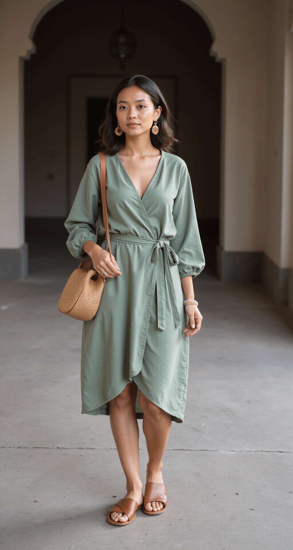 A woman in a muted sage green long sleeve cotton wrap dress visits a temple, paired with leather slides and a rattan crossbody bag. She accessorizes with simple gold studs and a delicate bracelet, set against dramatic architecture and stone textures in soft morning light.