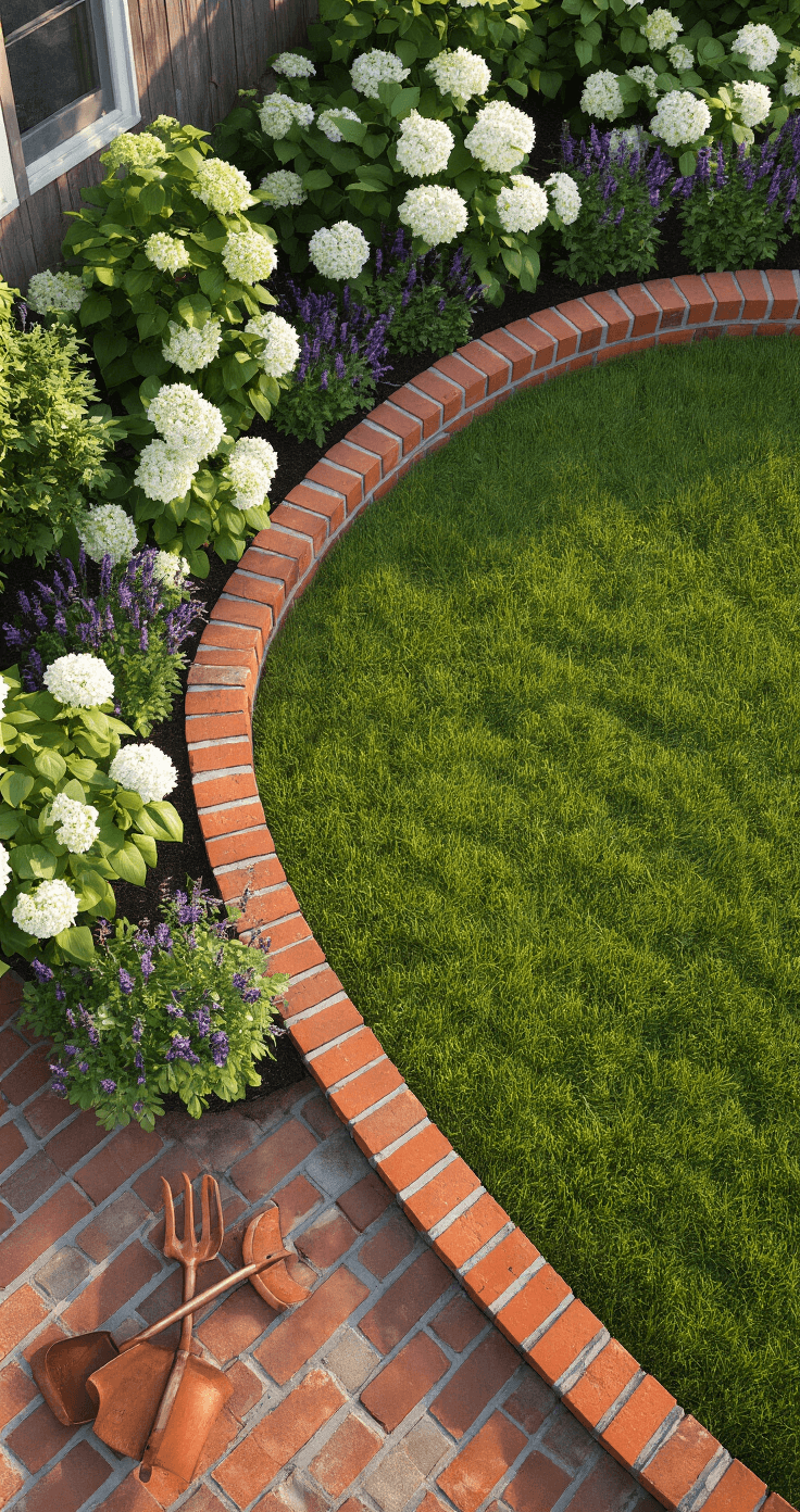Photorealistic aerial view of a sunlit cottage garden at golden hour, showcasing a curved flower bed edged with red clay bricks, lined with blooming white hydrangeas and purple salvias, with weathered copper garden tools nearby.
