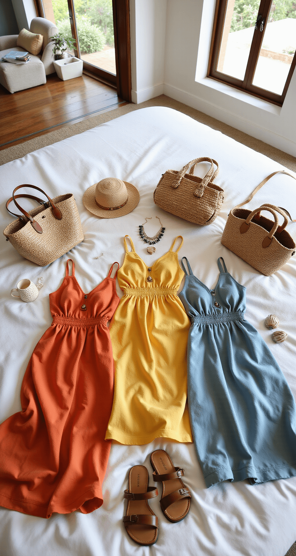 A luxury villa bedroom featuring a collection of lightweight sundresses in sunset colors laid out on white linens, accompanied by curated accessories like a straw hat, shell jewelry, woven bags, and leather sandals, with large windows providing natural backlighting and an overhead composition highlighting intentional styling details.