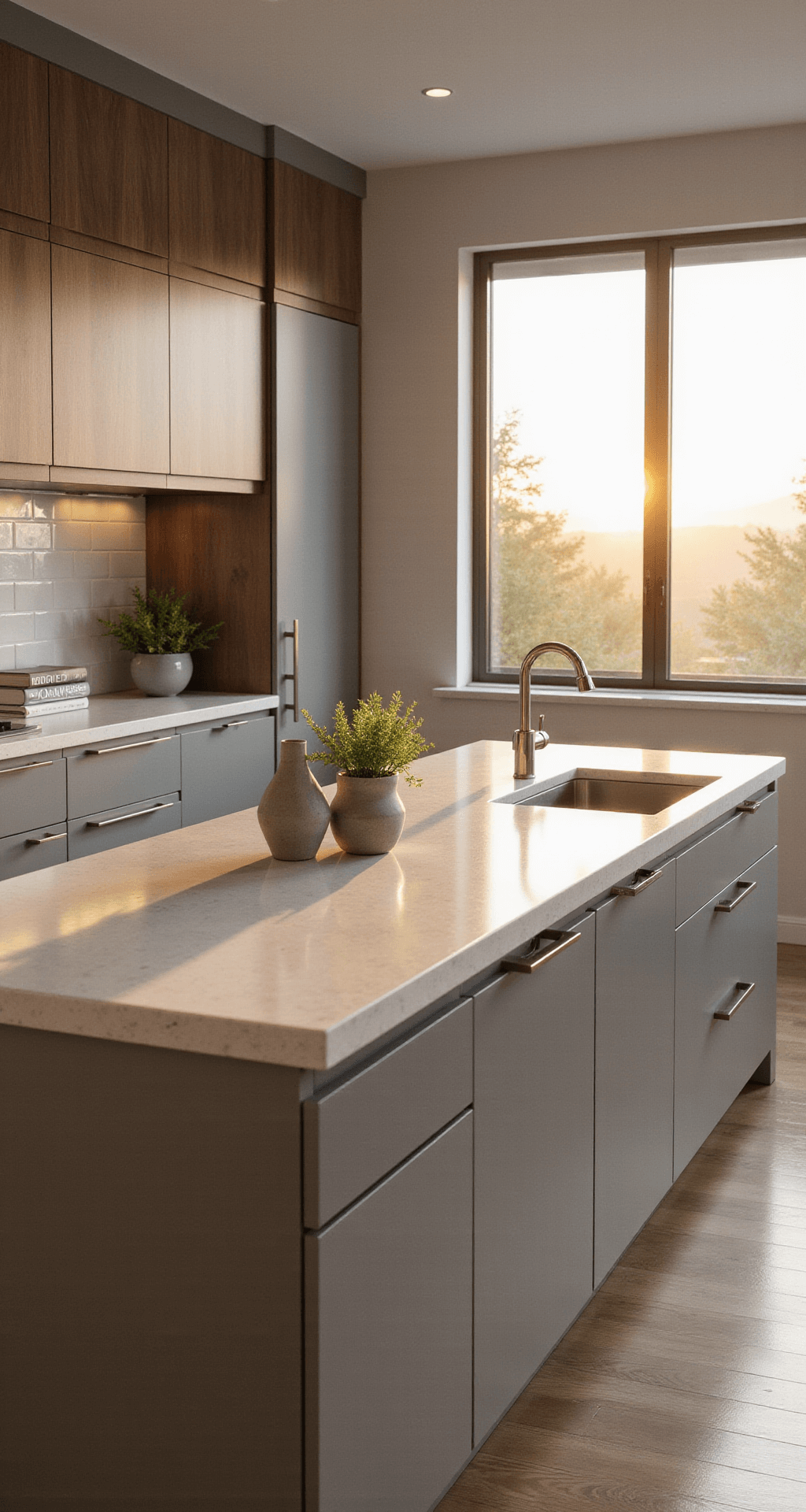 A modern kitchen showcasing dove gray flat-panel cabinets, a cloud white quartz island, and walnut accents, illuminated by golden hour sunlight through floor-to-ceiling windows, with geometric ceramic decor and fresh herbs.