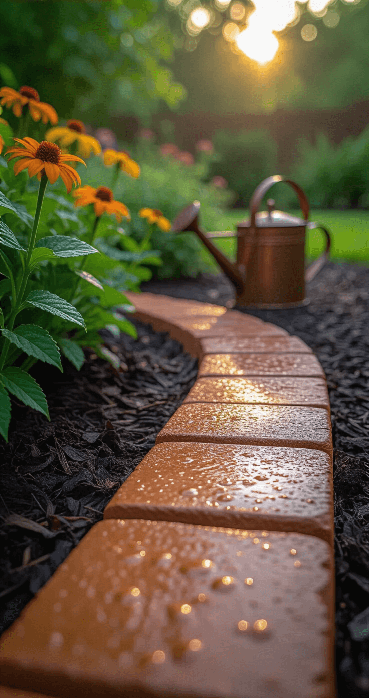 Close-up of traditional clay brick edging at ground level, showcasing rich terracotta tones against dark mulch, with morning dew highlighting the weathered texture. A vintage copper watering can is placed in the background, complementing the professional landscaping and subtle shadows.