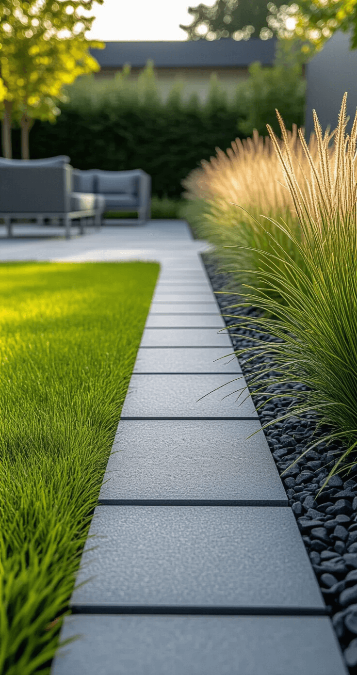 Wide-angle view of a modern minimalist garden with charcoal gray concrete edging, a manicured lawn, and ornamental grasses, featuring stainless steel garden furniture in the background, captured in diffused midday light.