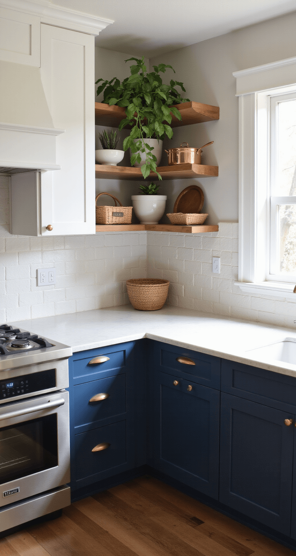 A corner kitchen with navy blue lower cabinets and white upper cabinets, illuminated by warm afternoon light, featuring brushed gold hardware, copper cookware, woven textures, and cascading pothos plants on open shelving.