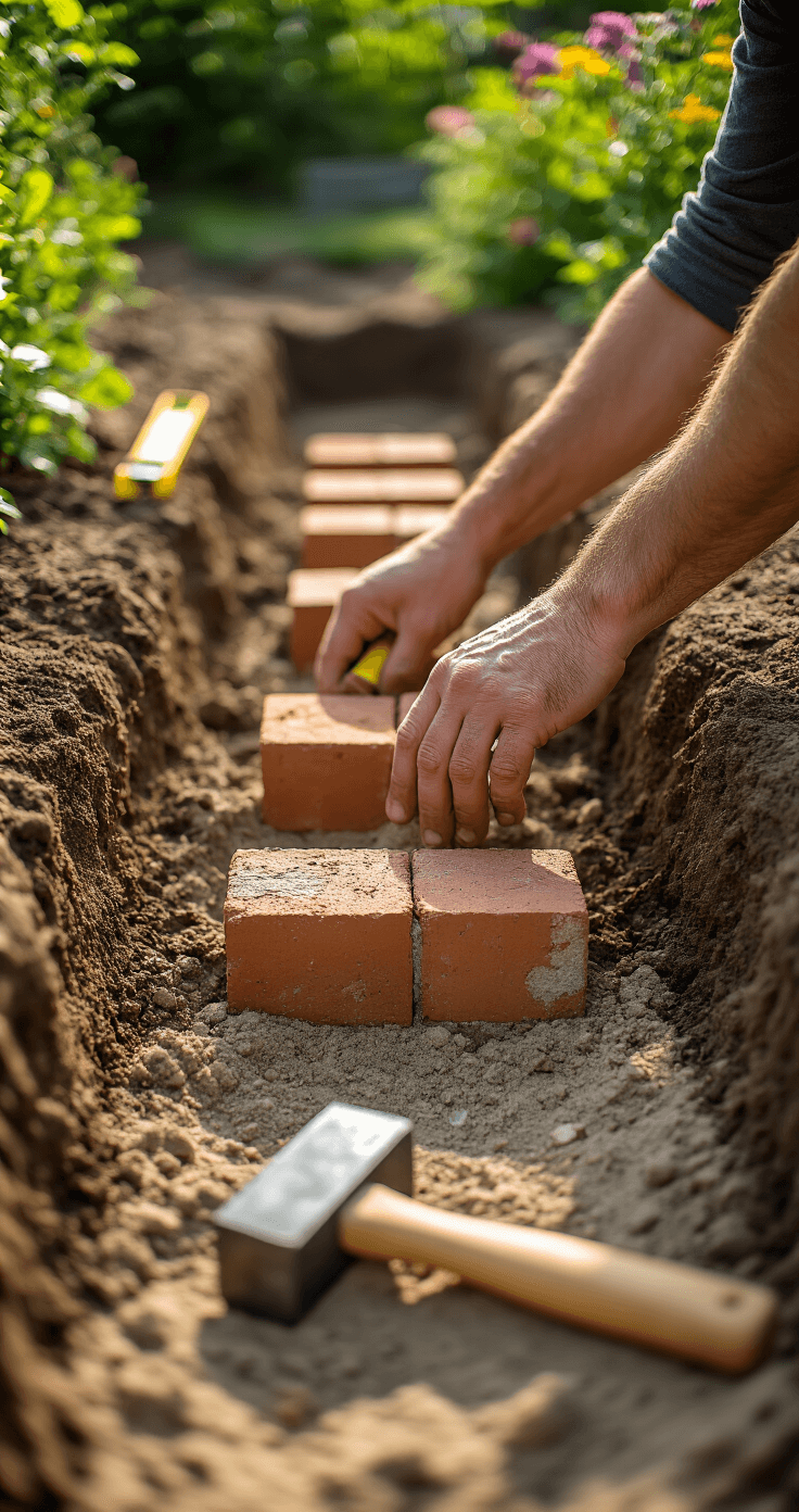 Detail shot of hands placing bricks in a freshly dug trench, surrounded by tools including a level, rubber mallet, and measuring tape, with a sandy base indicating proper depth and rich brown soil contrasting the crisp brick edges, all under natural morning light and featuring a soft bokeh effect in the background.