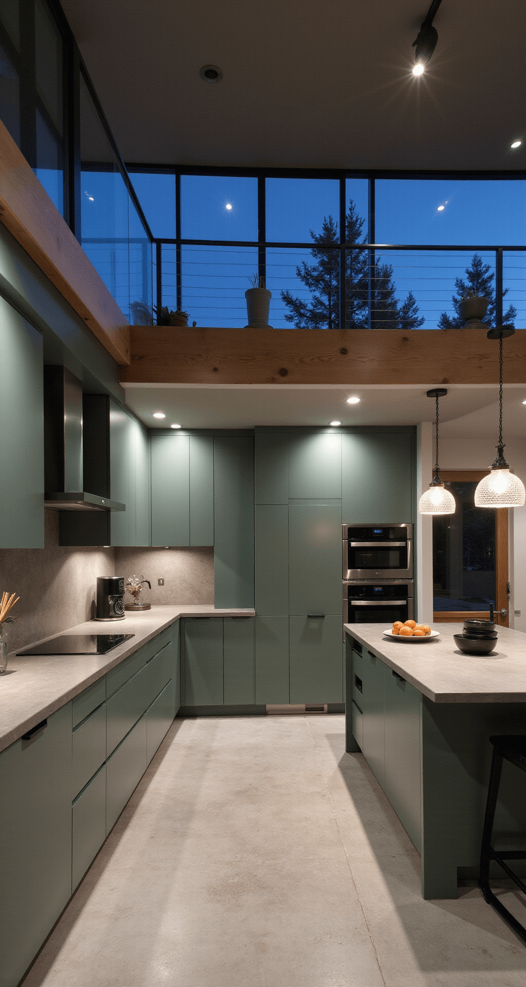 Aerial view of a modern L-shaped kitchen featuring sage green cabinets, honed concrete countertops, and a blend of diffused overhead and accent lighting, showcasing Scandinavian ceramics and stylish black accessories during blue hour.