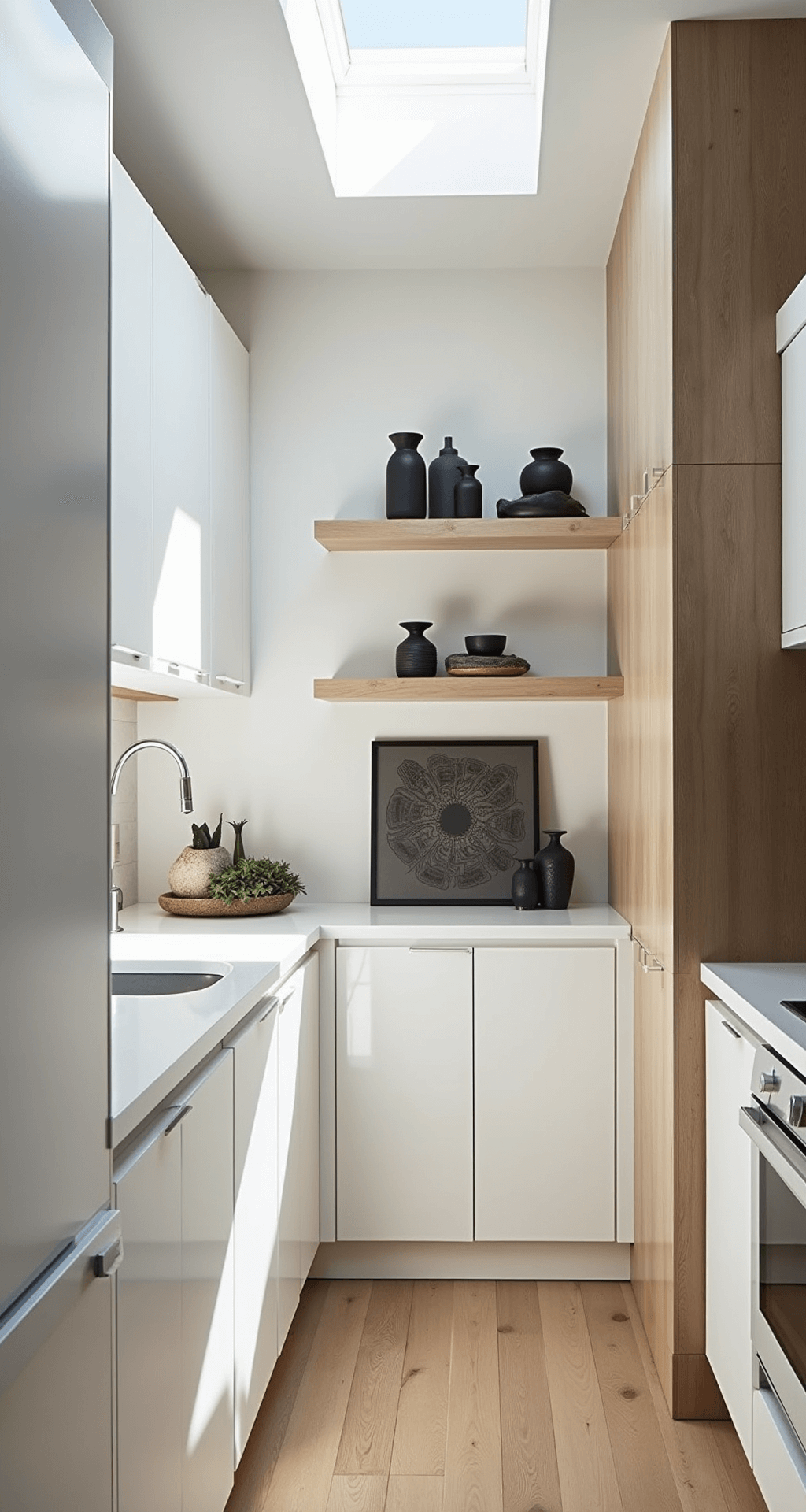 Intimate kitchen nook with glossy white cabinets and bleached oak floating shelves, captured at midday under natural light from a skylight. The perspective is at counter height, showcasing minimal monochromatic vessels, abstract art, and repetitive forms, enhanced by fill light without losing ambiance.