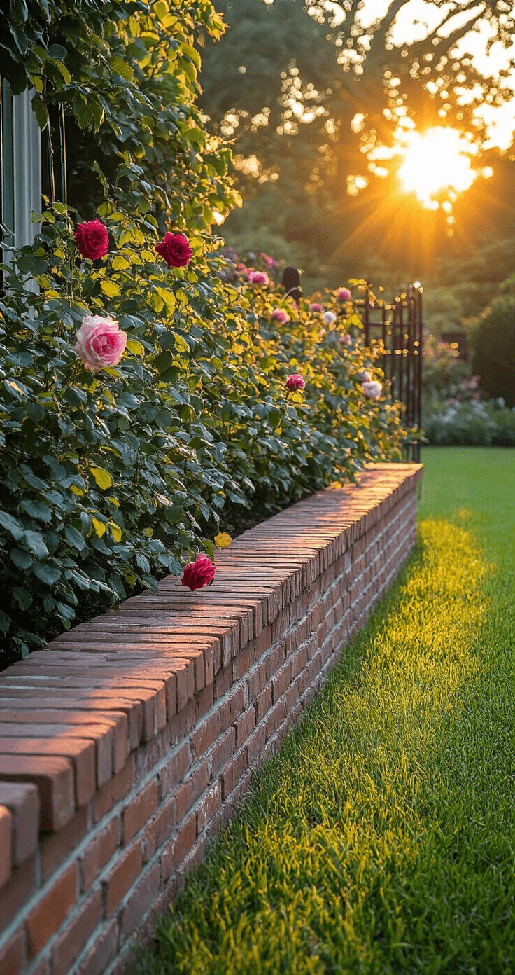A low-angle shot of a raised brick edge design at sunset, featuring double-stacked antique bricks delineating a barrier between a lush lawn and a cottage garden adorned with climbing roses. The golden light highlights the flowers, while a vintage iron garden gate stands in the background, casting long shadows that enhance the dramatic atmosphere.