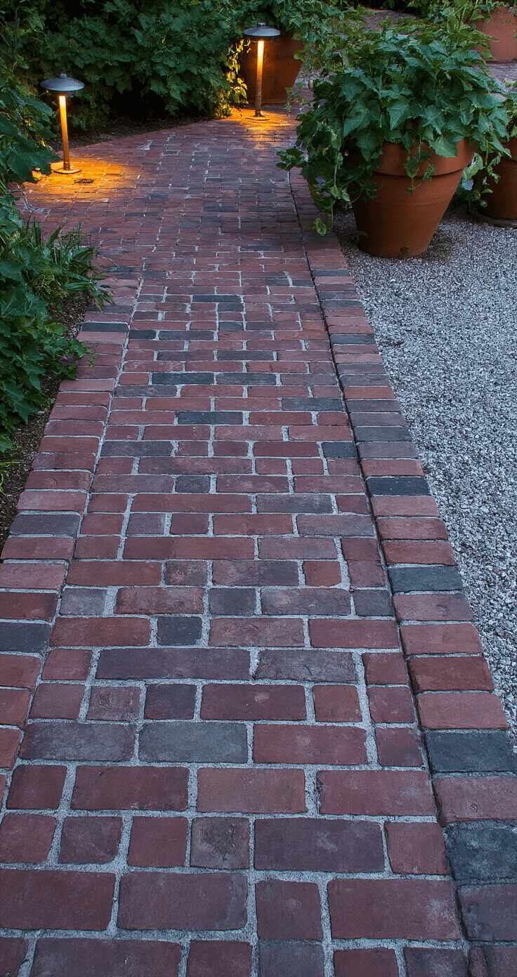 Eye-level view of a mixed-color brick pattern featuring alternating sandstone and burgundy bricks during blue hour, with reflections from garden lighting, aged terracotta pots with trailing ivy, and a crushed stone path alongside the brick edging.