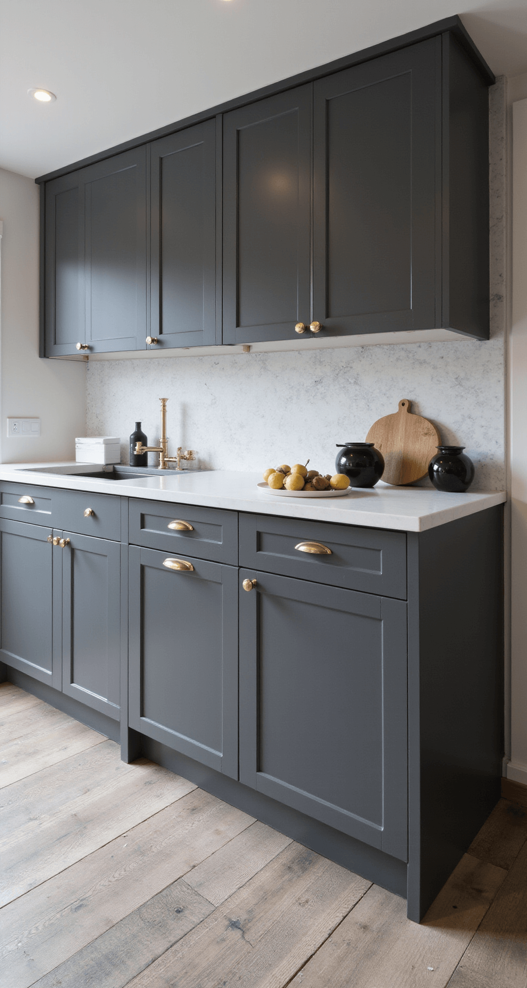 Expansive open-concept kitchen featuring charcoal gray cabinets and a marble backsplash, captured in morning light from the dining area, highlighting black ceramics and sculptural fruits in a well-lit, airy space.