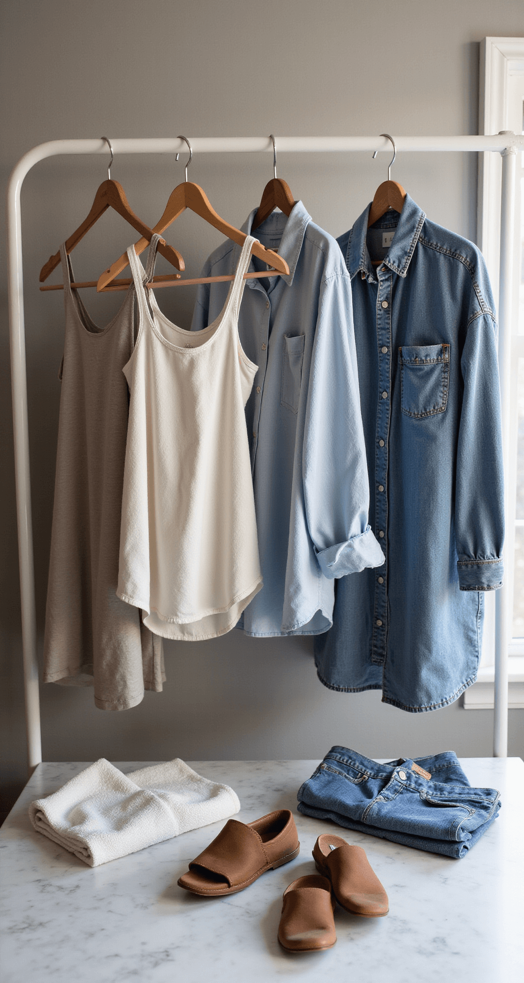 A minimalist dressing room featuring a sleek clothing rack with cotton tank tops, light linen button-ups, and worn-in denim pieces, all illuminated by natural light. A flat lay of accessories on a marble surface showcases thoughtful pairings.