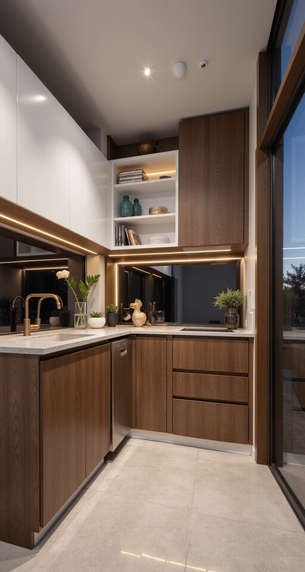 A modern compact kitchen featuring walnut cabinets with invisible handles and white upper storage, illuminated by warm LED strips and cool overhead lights, showcasing mixed metallics and geometric patterns in decor, photographed from a corner using a wide-angle lens.