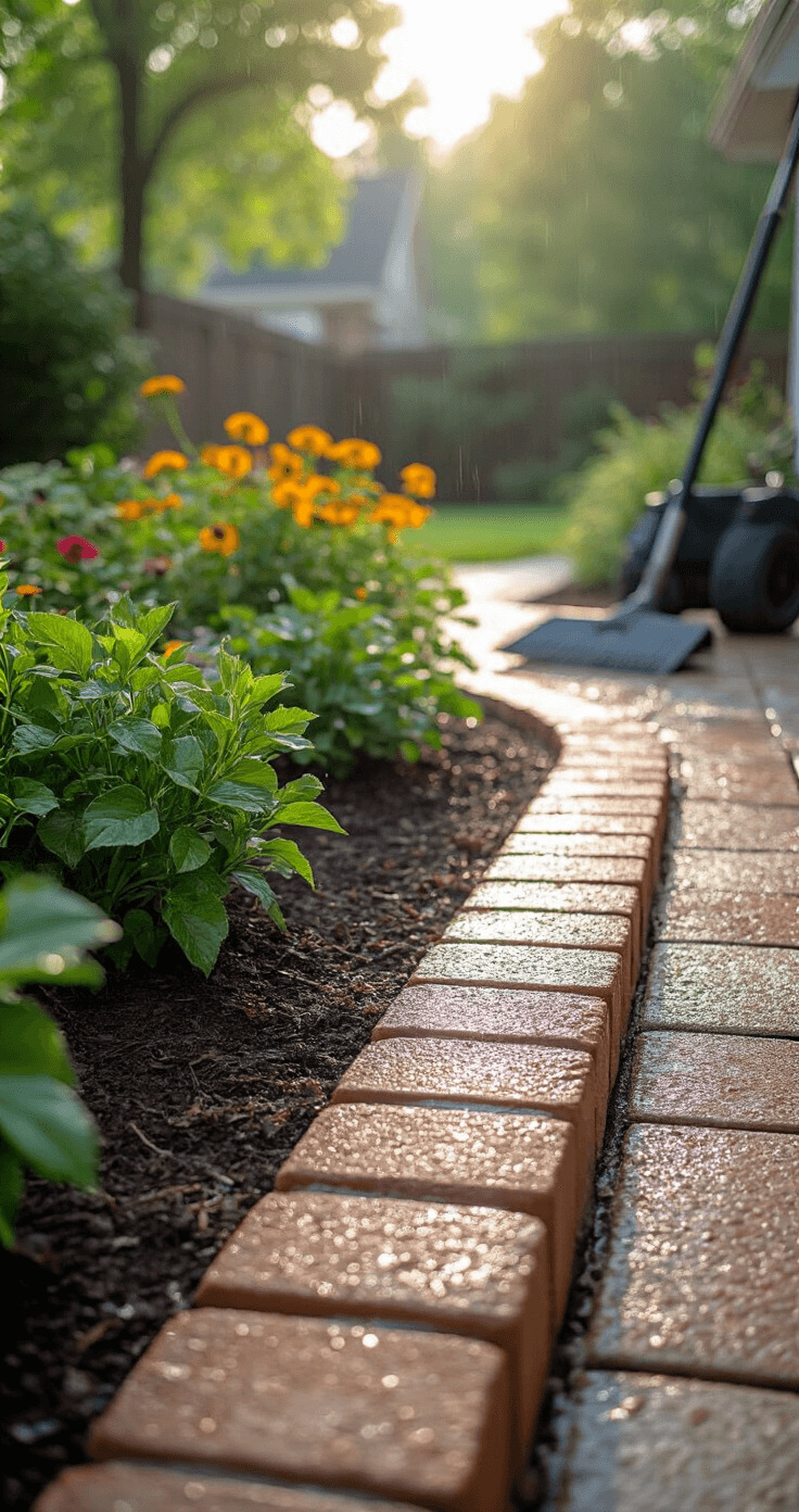 A maintenance scene depicting freshly cleaned brick edging in morning light, with water droplets sparkling from gentle pressure washing. Newly applied polymeric sand is visible between the bricks, while professional cleaning tools are artfully arranged nearby. Lush perennials and fresh mulch enhance the rejuvenated look of the garden bed.