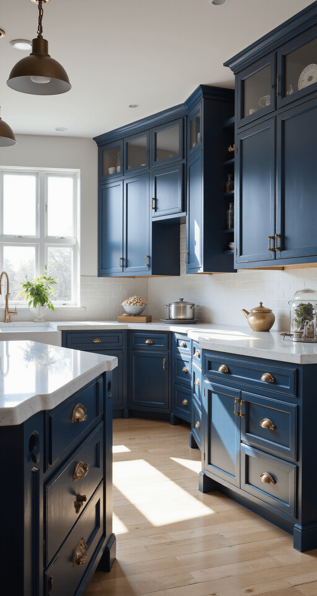 A contemporary kitchen measuring 12x15ft, featuring deep navy blue custom solid wood base cabinets, white quartz countertops, and a large island with waterfall edges, all bathed in morning sunlight from floor-to-ceiling windows.