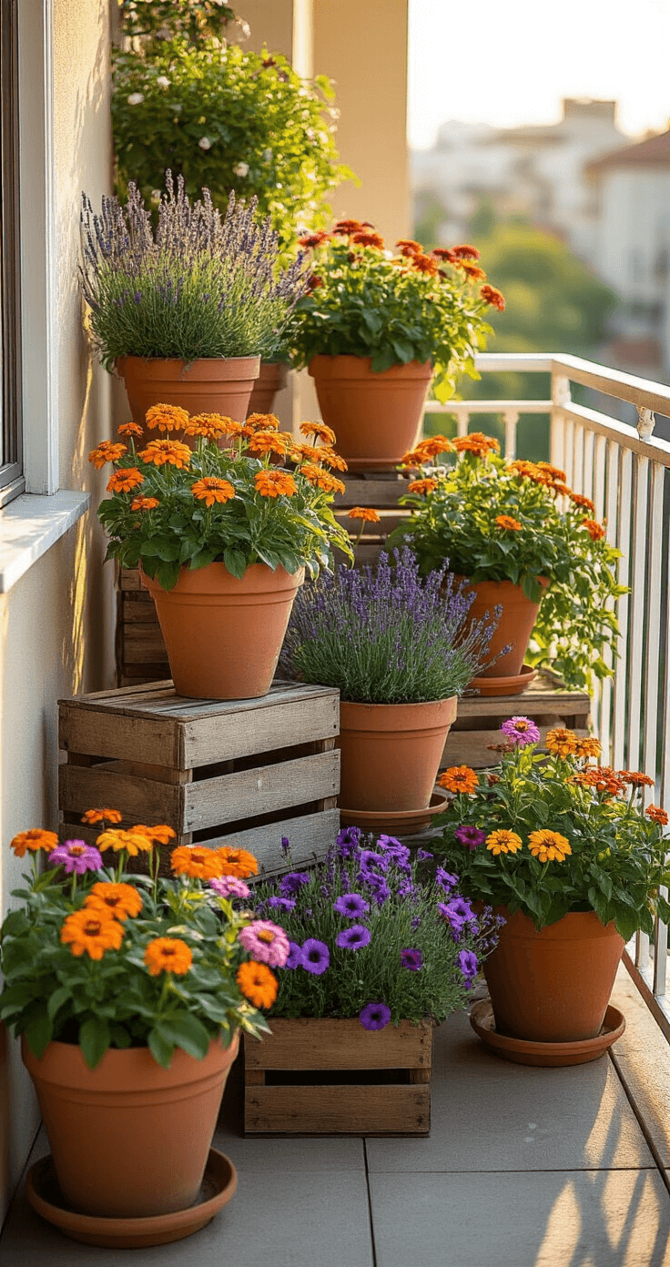 A sunlit urban balcony transformed into a petite flower garden, featuring weathered terra cotta containers with vibrant zinnias, lavender, and trailing purple petunias, alongside vintage wooden crates as planters. Natural light filters through white metal railings, casting shadows, while warm evening light enhances the copper and purple color palette, highlighting dew drops on the foliage. The scene embodies a cottage-core aesthetic with an asymmetrical arrangement.