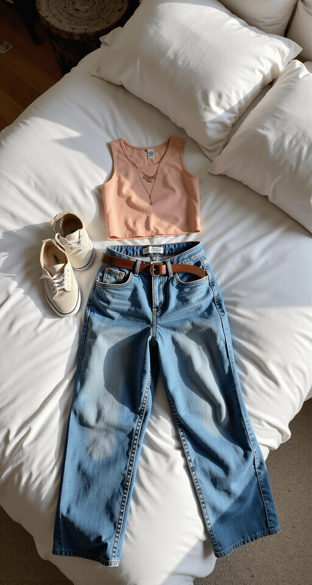 A cozy bedroom corner featuring a vintage-inspired outfit laid out on a white duvet, including vintage-wash jeans, a soft peach cropped tank, a leather belt, minimal gold jewelry, and worn Vans, illuminated by morning light casting gentle shadows.