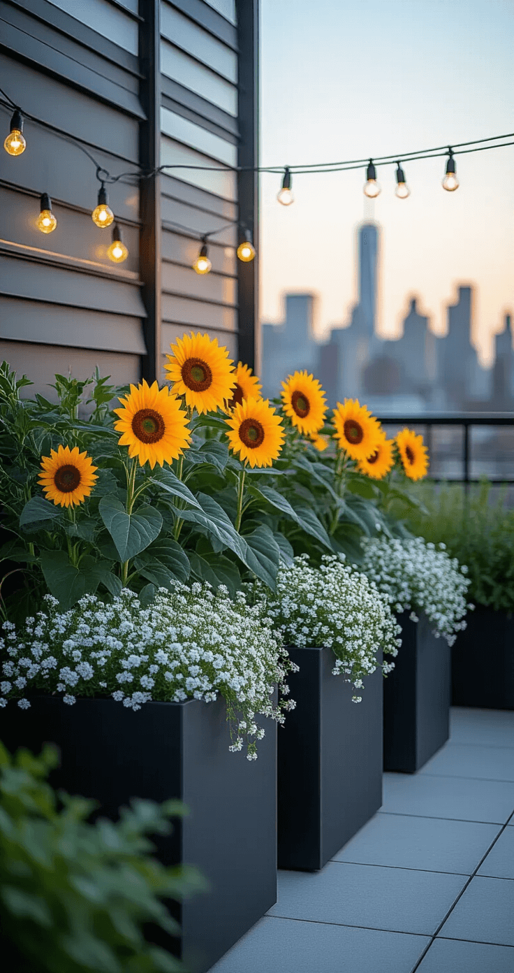 Intimate rooftop garden corner at blue hour featuring modern black geometric planters with dwarf sunflowers, dusty miller, and cascading white sweet alyssum, set against an industrial backdrop with string lights creating a bokeh effect; shot from a low angle to highlight the urban skyline and texture contrasts.