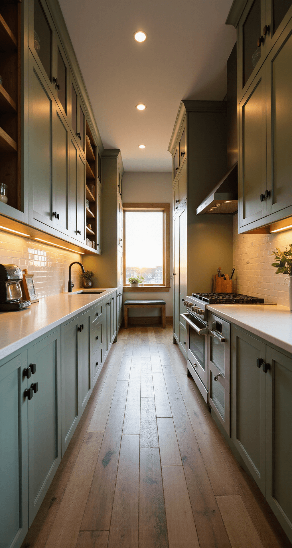 A serene galley kitchen featuring sage green shaker-style cabinets, integrated appliances, and natural wood open shelving, beautifully lit by warm artificial light and golden hour sunlight, showcasing cabinet symmetry.