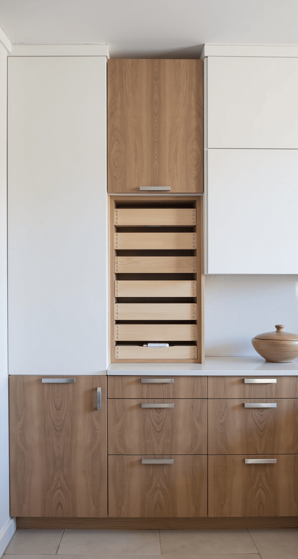 A 10x12ft minimalist kitchen featuring white upper cabinets and warm walnut base cabinets, with pull-out storage visible in partially opened drawers. The scene is shot from a 45-degree elevated angle, highlighting the geometric design and seamless integration of sleek stainless steel hardware and built-in charging stations, illuminated by diffused overhead lighting.