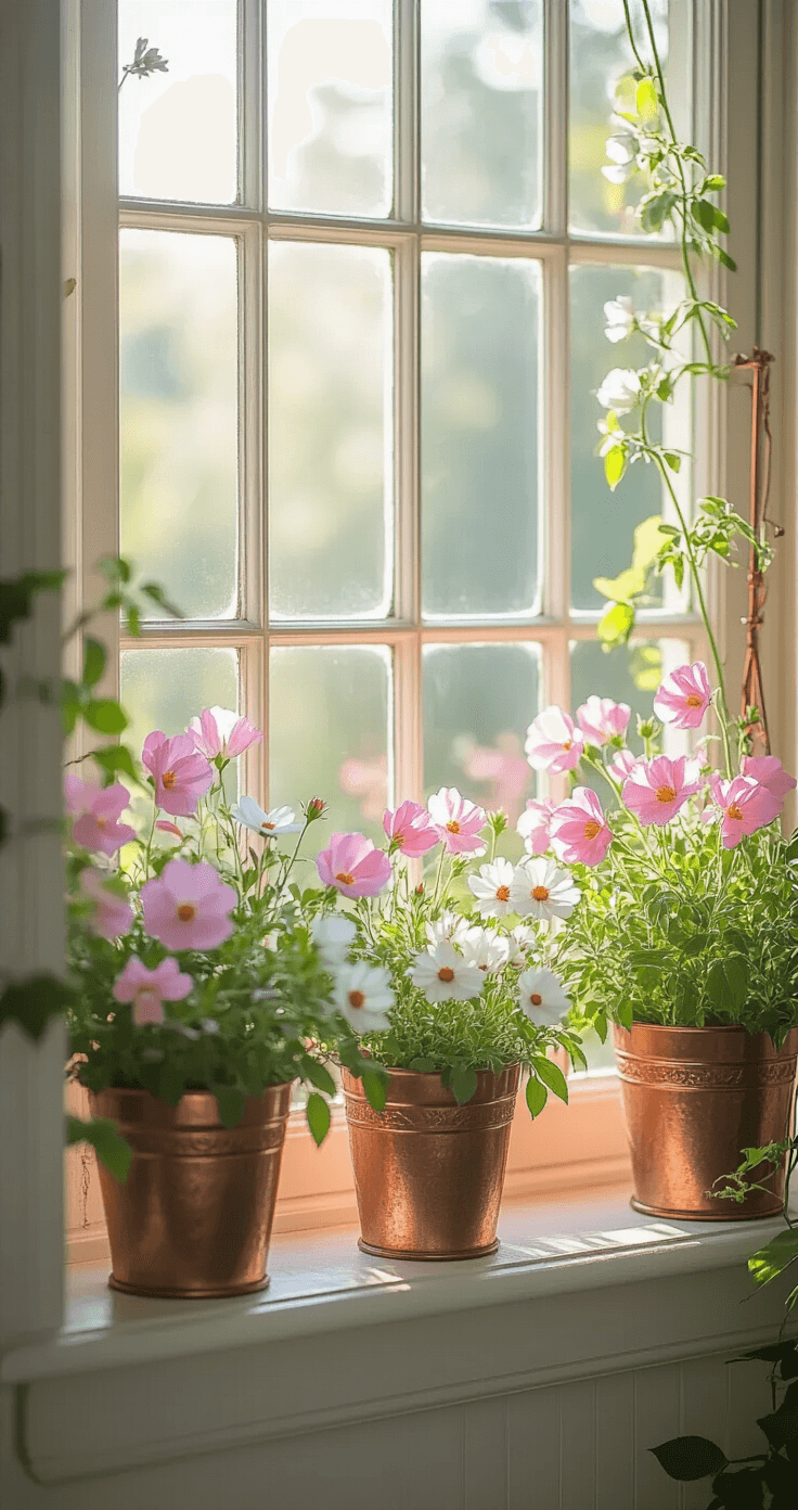 Victorian-inspired windowsill garden featuring climbing sweet peas on copper trellises, antique brass planters with pink snapdragons and white cosmos, bathed in morning light with a soft, blurred interior backdrop, emphasizing a delicate vintage aesthetic.