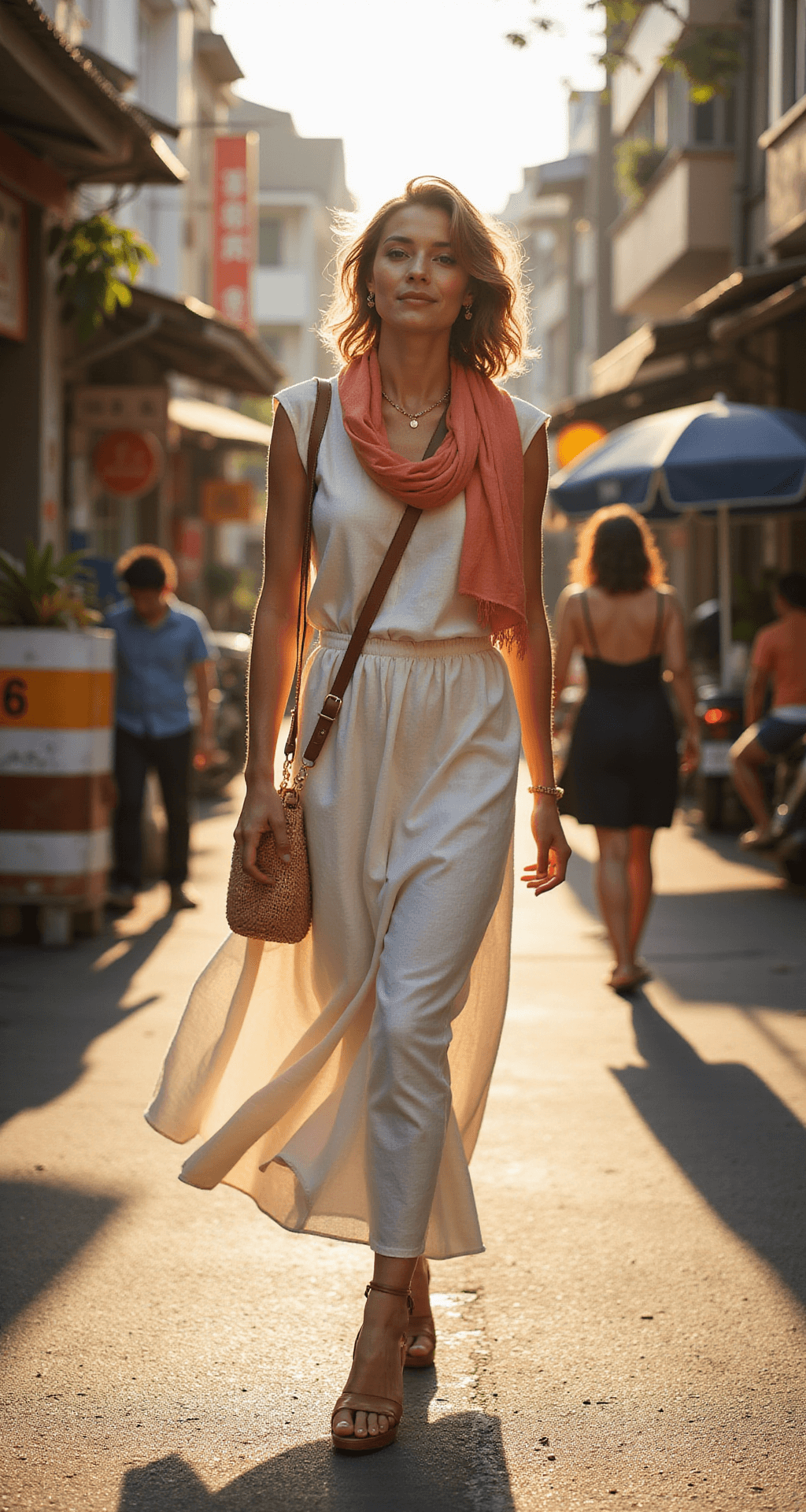 A fashionable traveler in an ivory linen maxi dress walks confidently past colorful street vendors in sun-drenched Bangkok, with light filtering through the flowing fabric, complemented by a silk scarf, leather sandals, and a woven rattan bag.