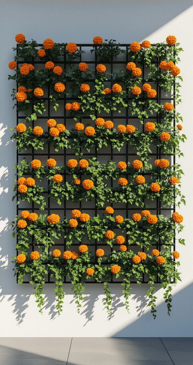 Vertical garden wall featuring a modern black grid system with alternating marigolds and trailing ivy against a minimalist white background, photographed at a 45-degree angle in late afternoon light that emphasizes textures and shadows.