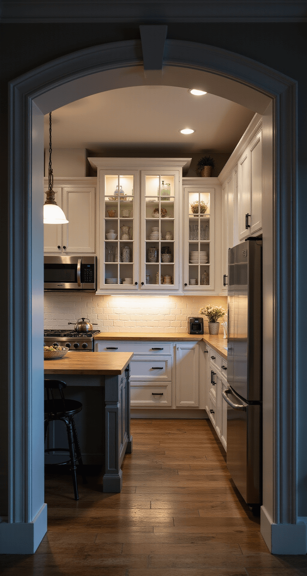 A modern farmhouse kitchen at dusk featuring distressed white base cabinets with butcher block countertops, glass-front upper cabinets displaying pottery, and a corner cabinet with a Lazy Susan. The scene is viewed from an entrance archway, showcasing the full cabinet layout illuminated by warm pendant lights amidst deep shadows.