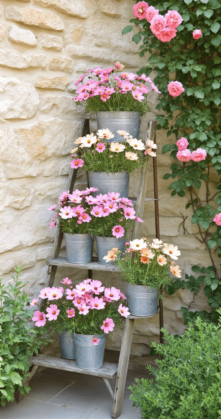 A serene courtyard garden corner featuring a vintage ladder displaying pastel cosmos in galvanized metal buckets, set against a natural stone wall adorned with climbing roses, all bathed in soft midday light.