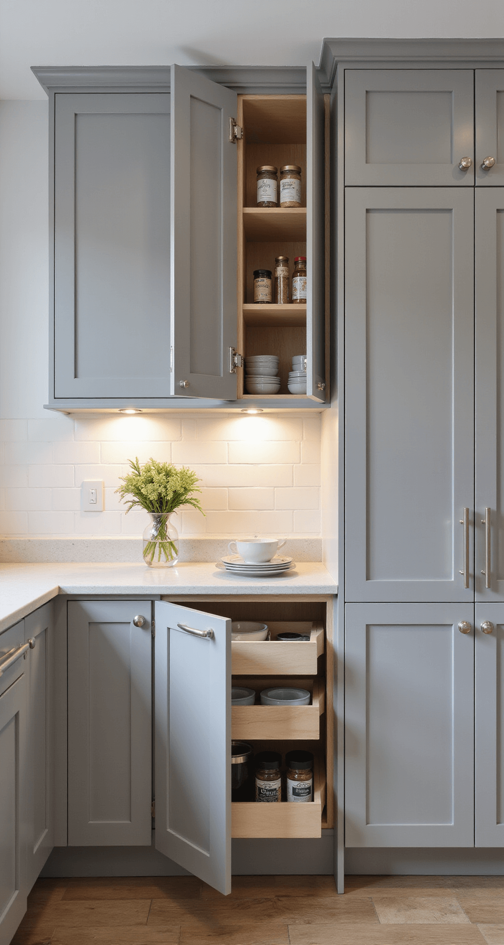 A compact urban kitchen measuring 9x11ft, illuminated by morning light, features glossy light gray RTA cabinets with innovative storage solutions like pull-out spice racks and waste bins, along with floor-to-ceiling pantry cabinets. The image is shot from a counter-height perspective, emphasizing vertical lines and showcasing under-cabinet LED lighting that highlights the cabinet finishes.