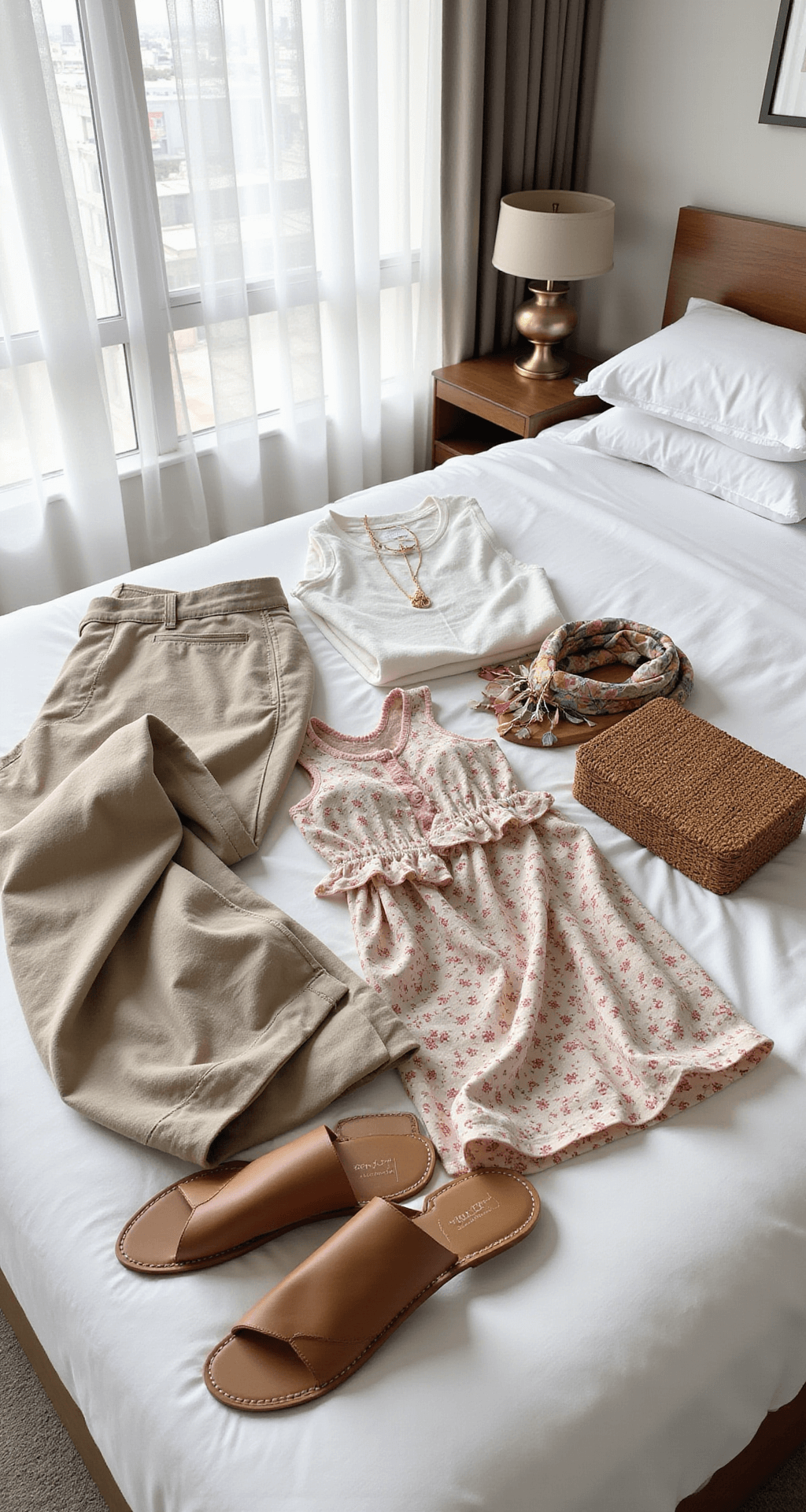 Modern Bangkok hotel room with crisp white bedding showcasing a lifestyle flat lay of rolled sand-tone linen pants, pastel cotton tops, a floral midi dress, leather sandals, delicate gold jewelry, silk scarves, and a structured rattan handbag, all illuminated by natural light streaming through sheer curtains.