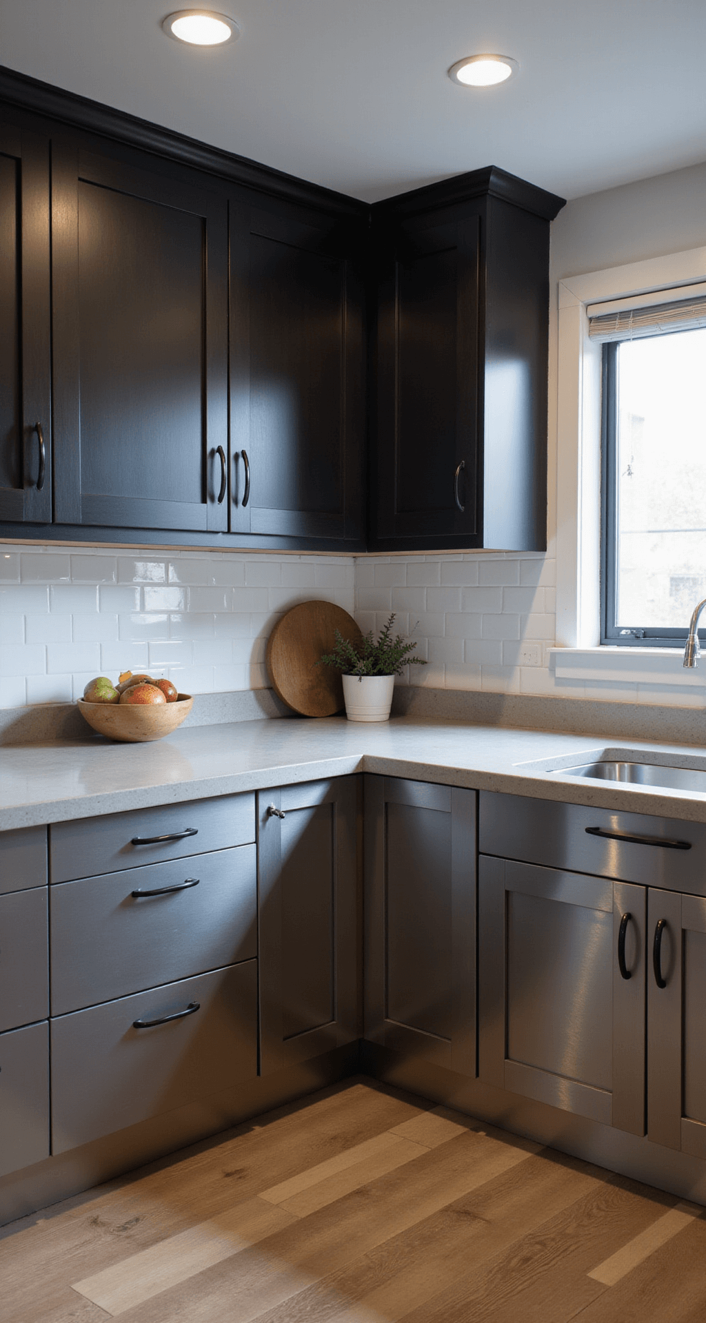 Industrial-style kitchen featuring stainless steel lower cabinets and concrete countertops, black engineered wood upper cabinets, and smart storage solutions, captured from a diagonal corner with natural light and track lighting emphasizing metal surfaces.