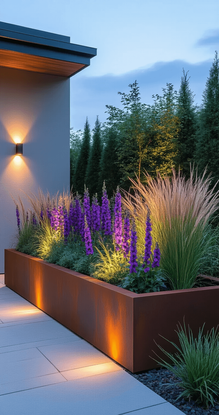 Modern side yard garden bed featuring an 8'x3' raised Corten steel planter filled with architectural grasses and bold purple snapdragons, illuminated by uplighting and wall sconces at dusk, captured from an end-on perspective to emphasize the linear design and rich color scheme of purple, copper, and silver.