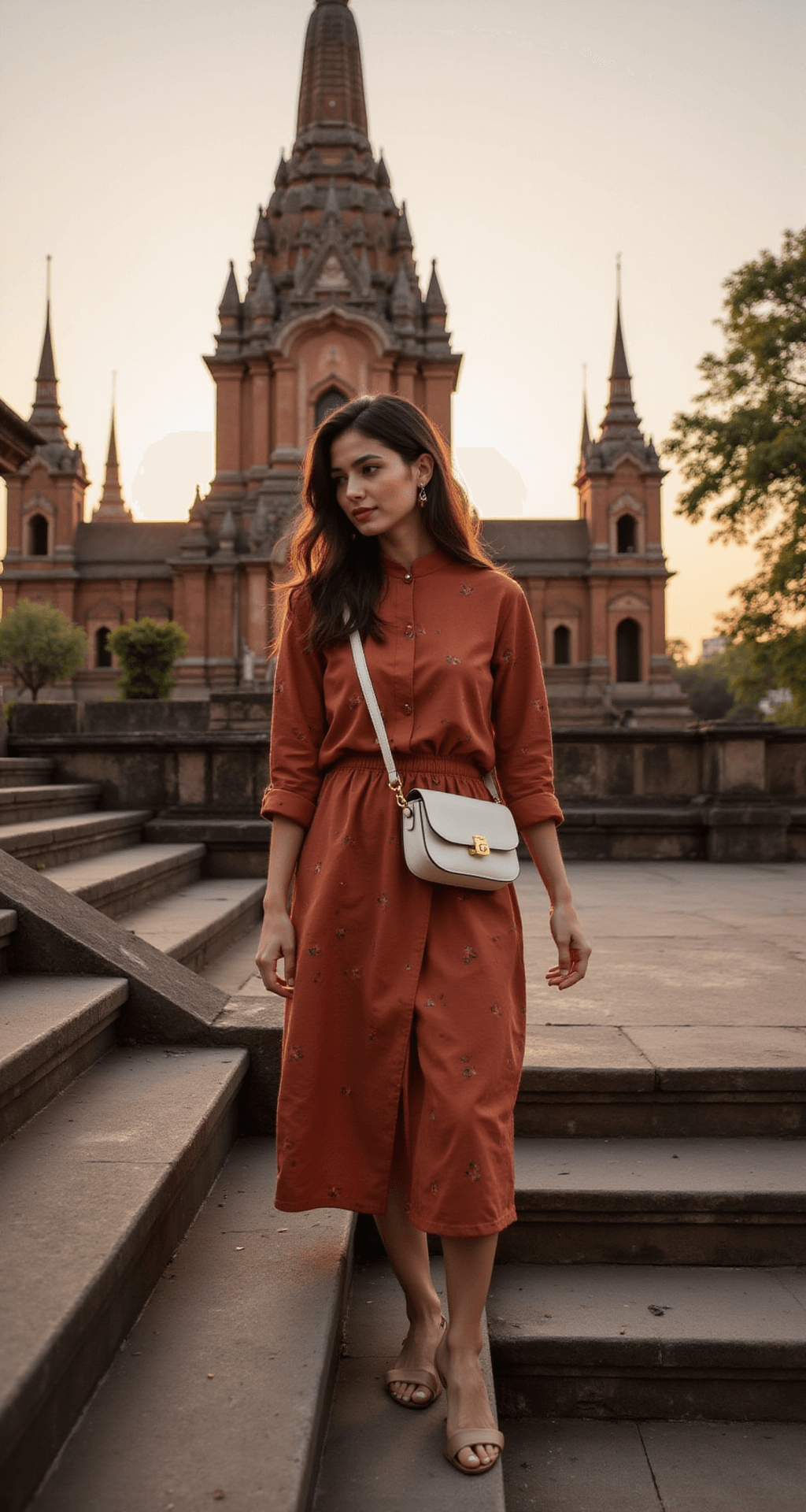 A woman in a rust-colored cotton midi dress with batik print ascends stone steps in a Chiang Mai temple courtyard during early evening. She wears minimal leather slides and carries a cream crossbody bag, with simple gold studs in her ears. Warm sunset light highlights the ancient temple architecture in the background.