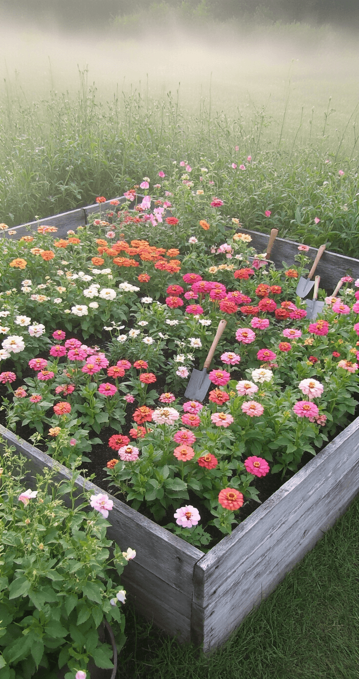 Overhead view of a miniature cutting garden with a weathered wooden raised bed, featuring organized rows of zinnias, cosmos, and sweet peas in soft pink, coral, and white, captured in morning mist with vintage garden tools arranged as props.