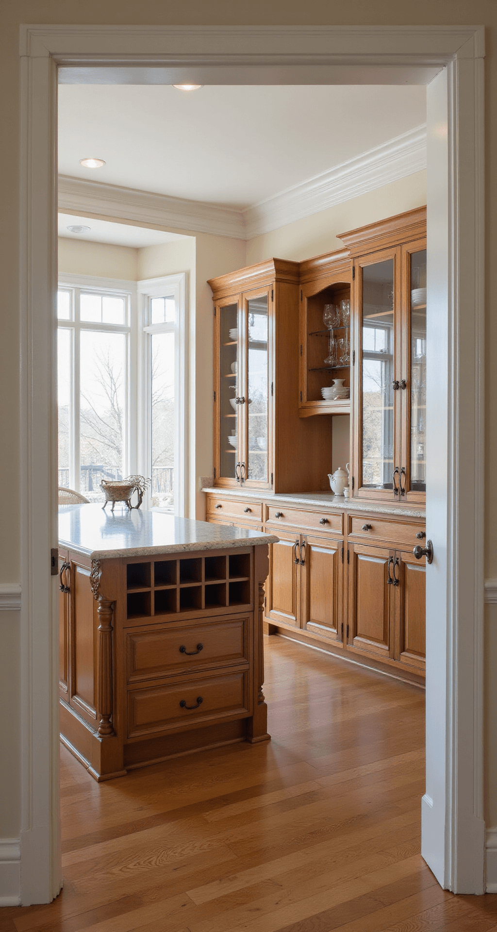 A wide-angle view of a traditional kitchen featuring custom maple cabinets with crown molding, an island with furniture-style legs and wine storage, and glass-front display cabinets flanking a large window, all illuminated by soft afternoon light.