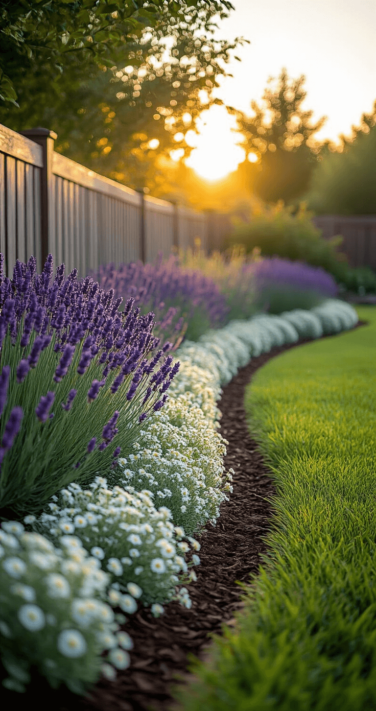 A serene curved garden border at golden hour features an S-shaped arrangement against a fence, with tall purple lavender in the back, medium silver-green lamb’s ear in the middle, and cascading white alyssum in the front. Natural stone edging is adorned with moss, and dappled sunlight filters through overhead trees, casting dynamic shadows on rich brown mulch.