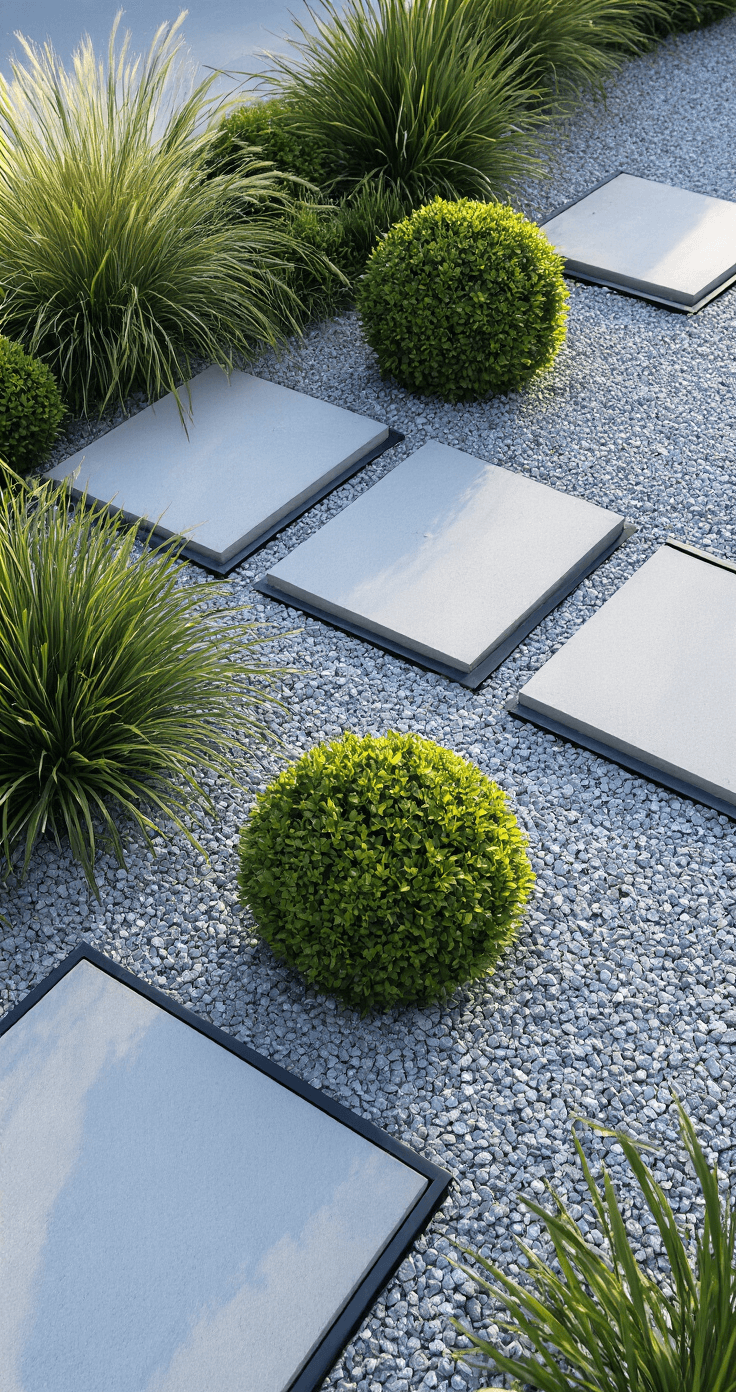 A low-angle morning shot of a modern minimalist garden design featuring matte black metal edging against light gravel, with structured boxwood spheres and ornamental grasses catching the early light. Contemporary concrete pavers serve as stepping stones, all depicted in a cool blue-grey color palette with green accents, emphasizing geometric shapes and clean lines.