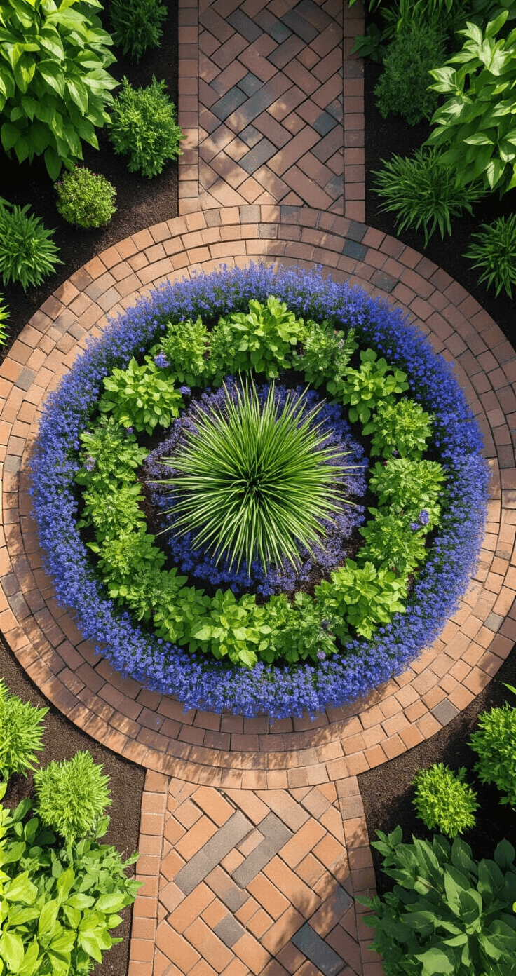 Overhead drone shot of a circular garden with a 10ft diameter, featuring concentric rings of blue star creeper, mixed height perennials, and ornamental grass at the center, bordered by herringbone-patterned brick pavers, showcasing rich earth tones alongside vibrant greens and purple blooms in an organized and artistic arrangement.