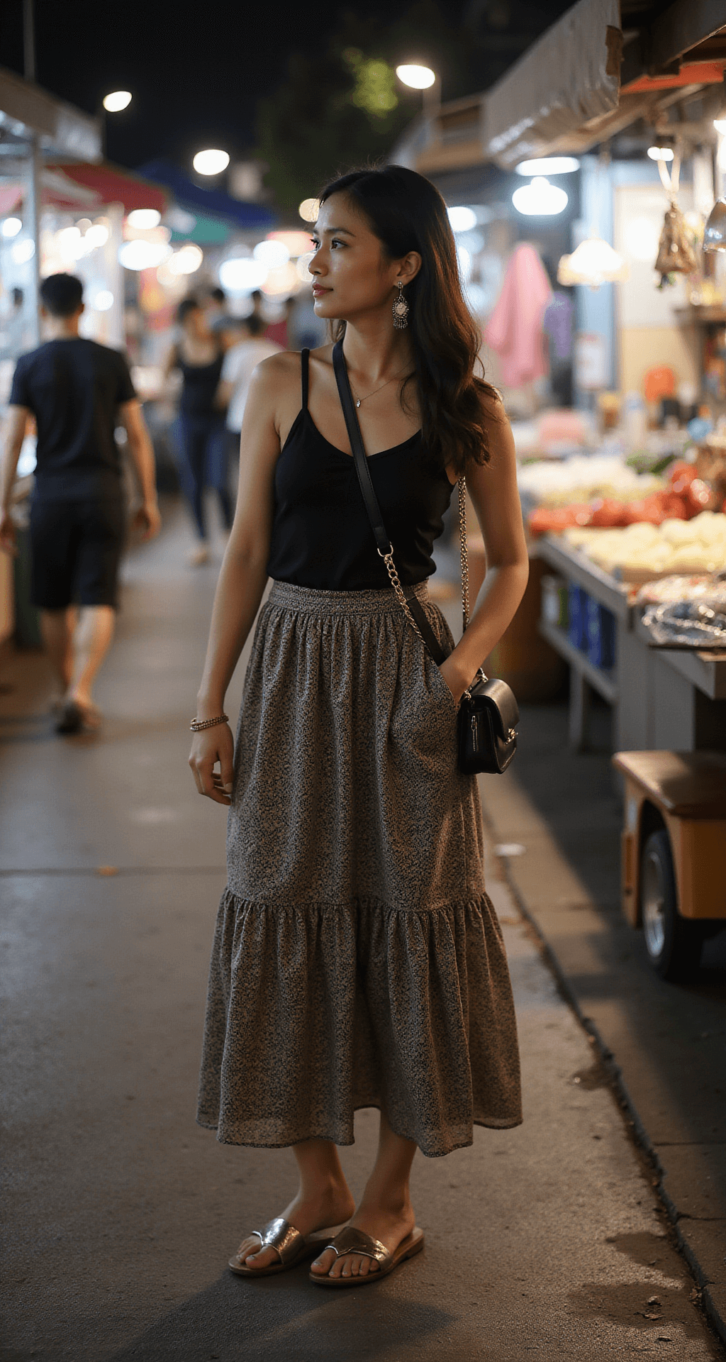 A woman browses stalls at a Chiang Mai night market, wearing a tiered midi skirt with a paisley print, a black tank top, metallic sandals, and statement earrings. Market lights and food smoke create a bokeh effect in the background.